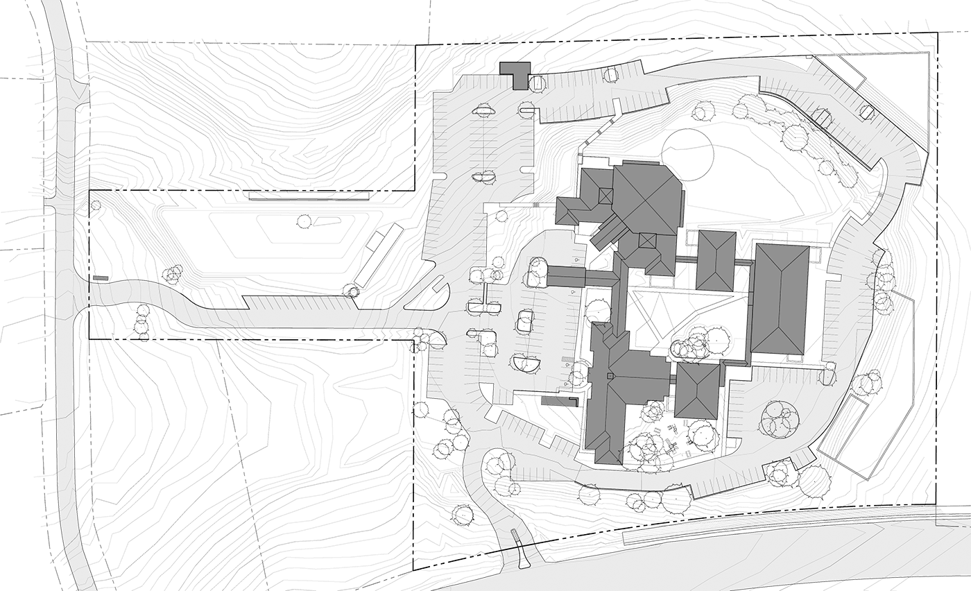 Diagram of church compound from bird's eye view.