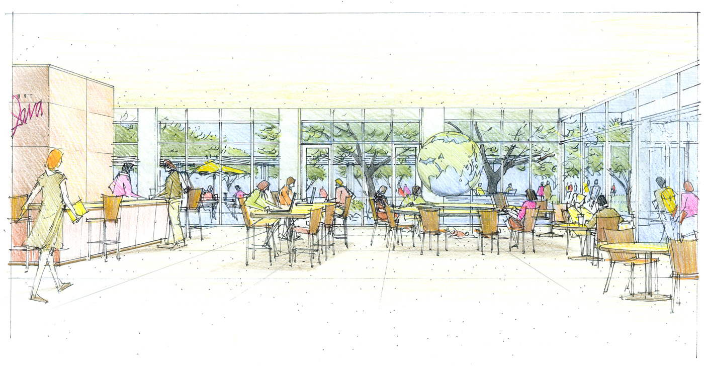 Sketch of a study lounge in a college building.