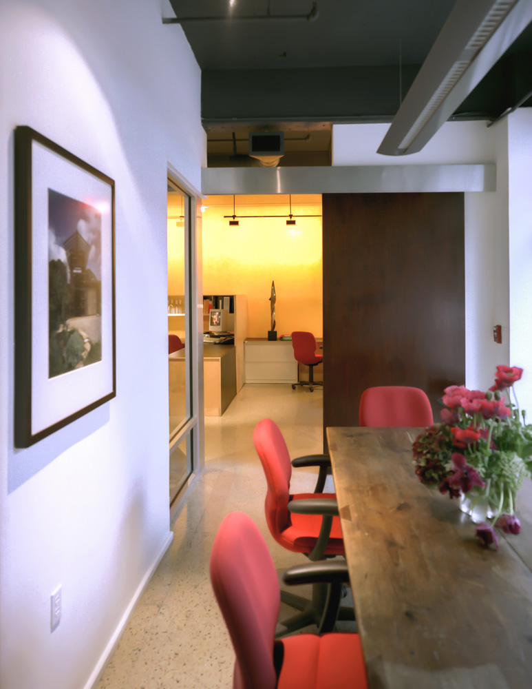 conference room with red office chairs.