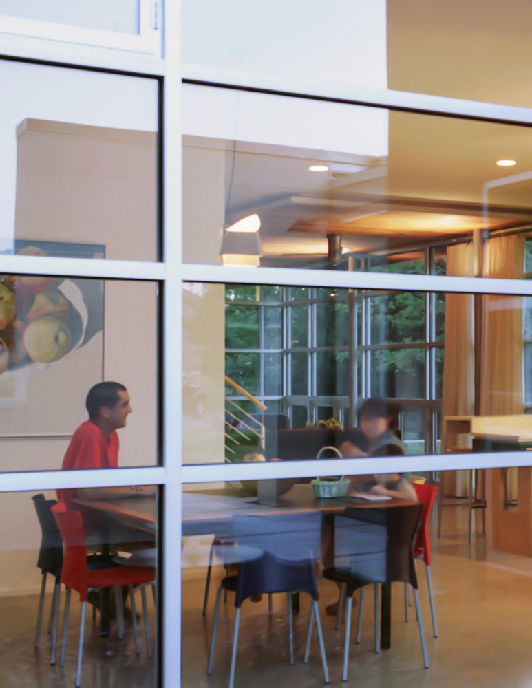 People eating at dining table visible from backyard fading windows.