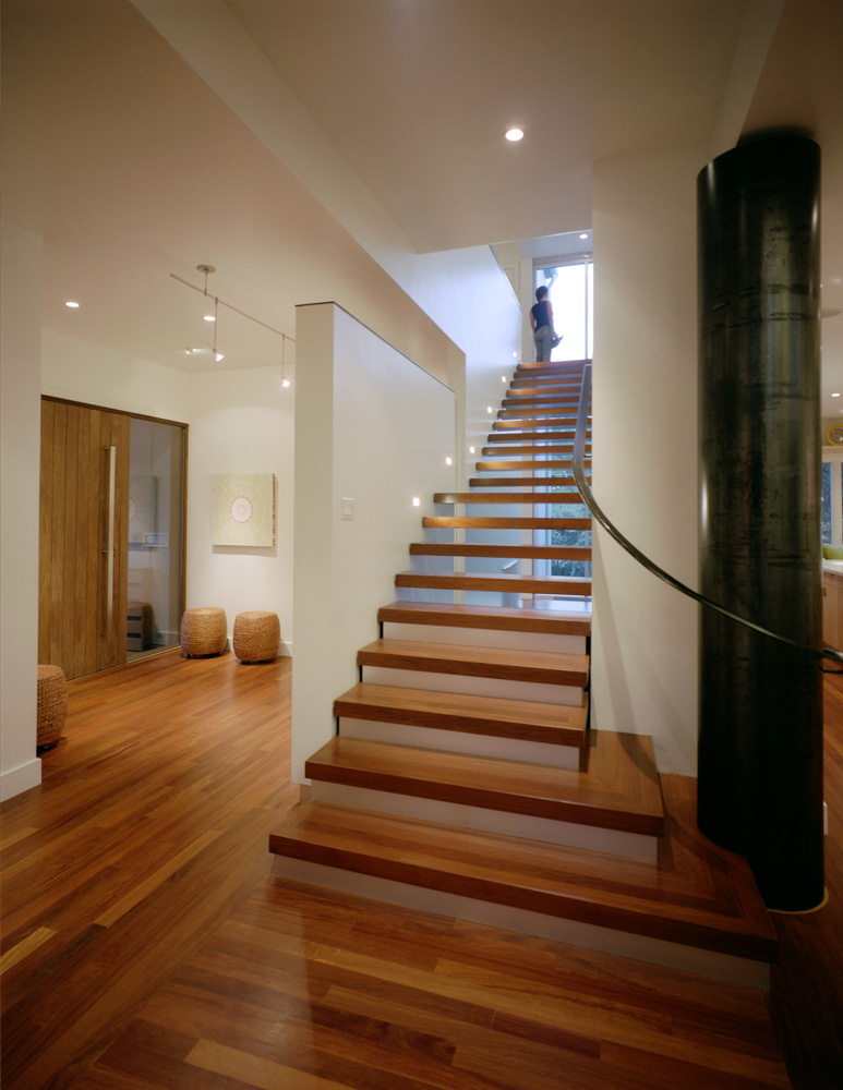 Houses interior floating wooden steps.