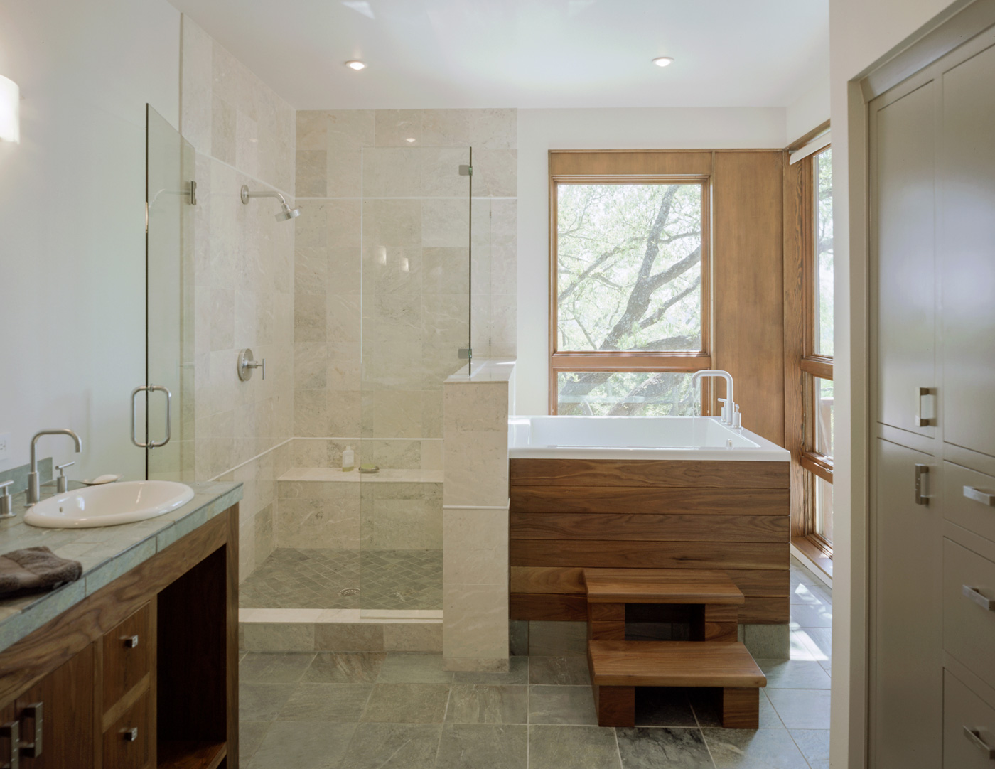 Separated shower and bathtub of a master bedroom.