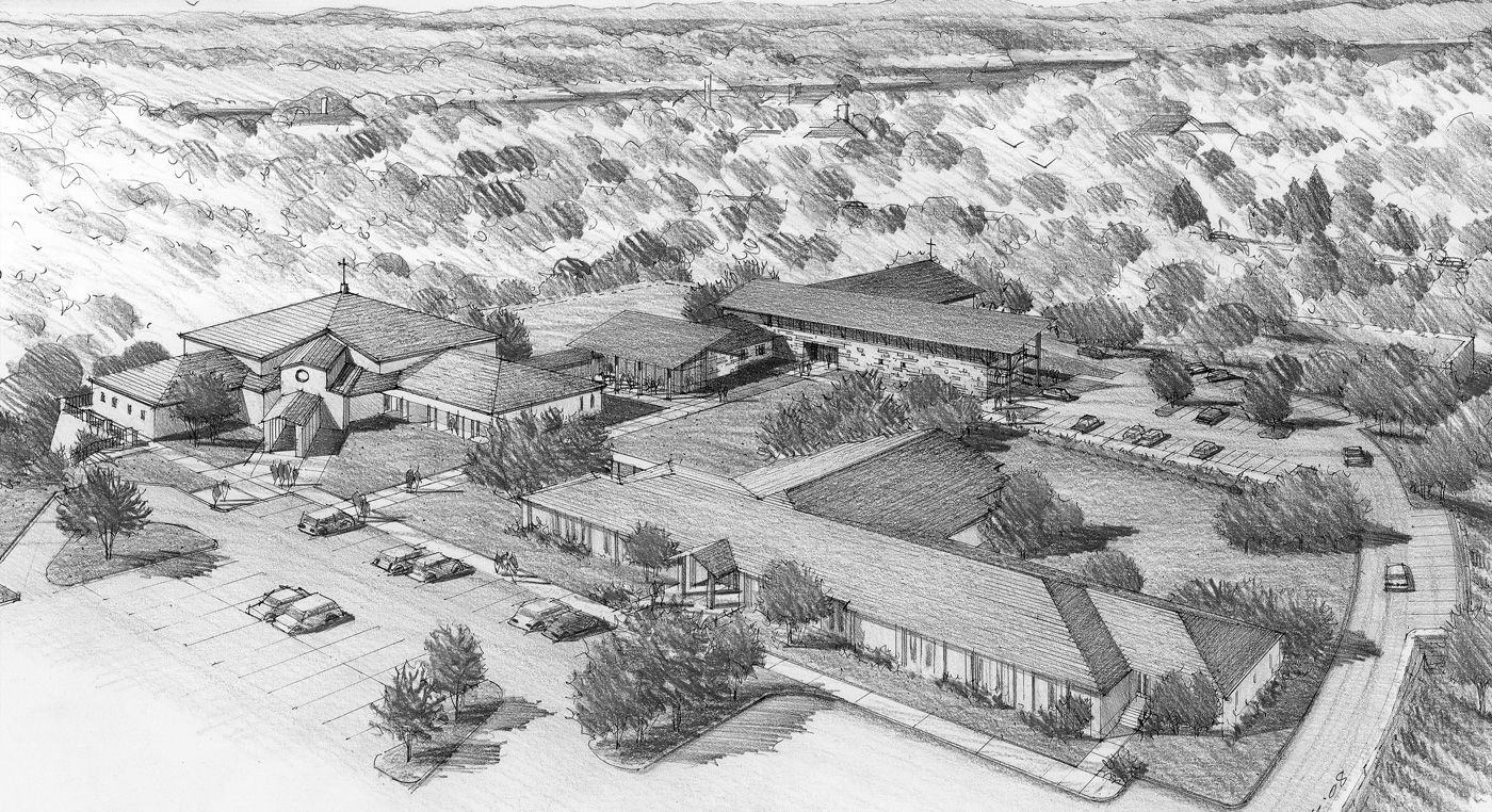 Pencil sketch of large church compound from above.
