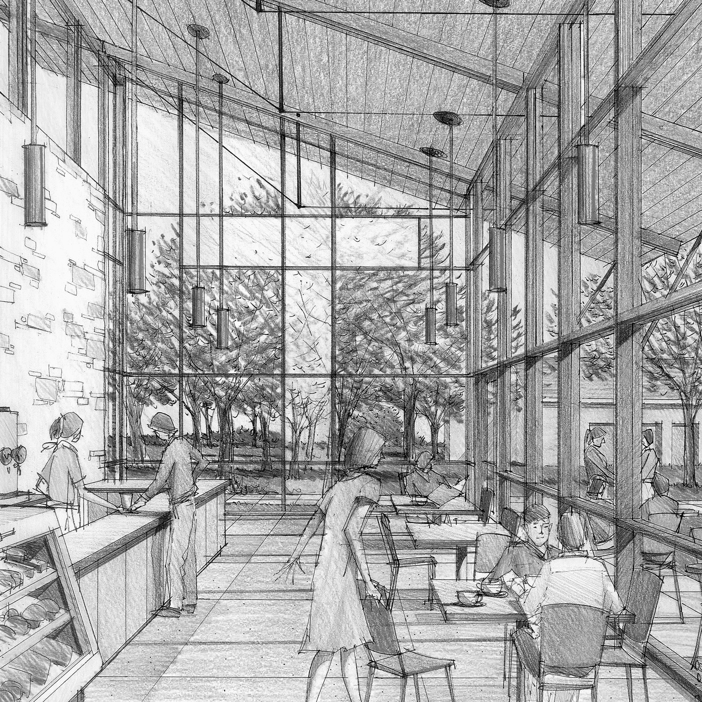 Pencil sketch of cafe space with large windows and high ceiling.