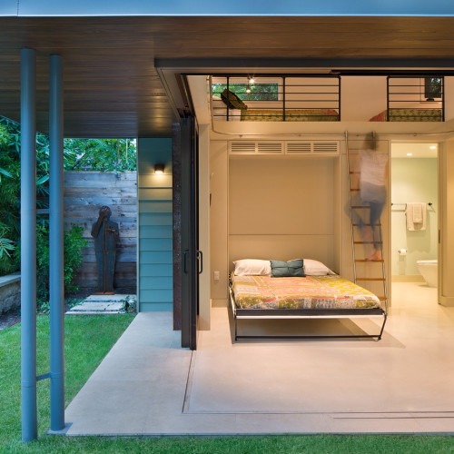 Large sliding doors of a home's separated art studio.