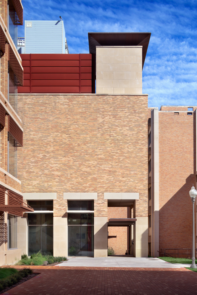 Facade of a brick university building.