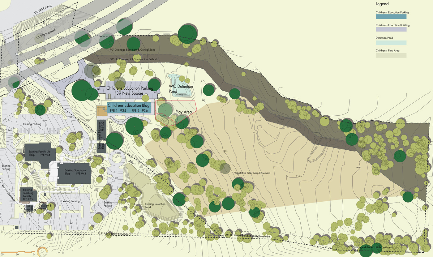 A topographical map of a church compound.