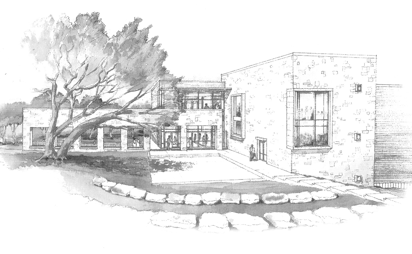 Pencil sketch of building.