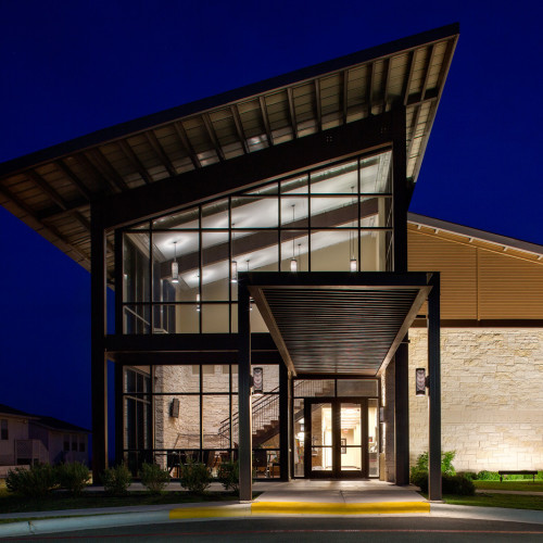 Entrance walk and awning of a building.