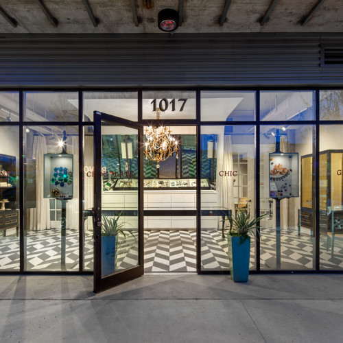 The front entrance to a chic chocolate store.