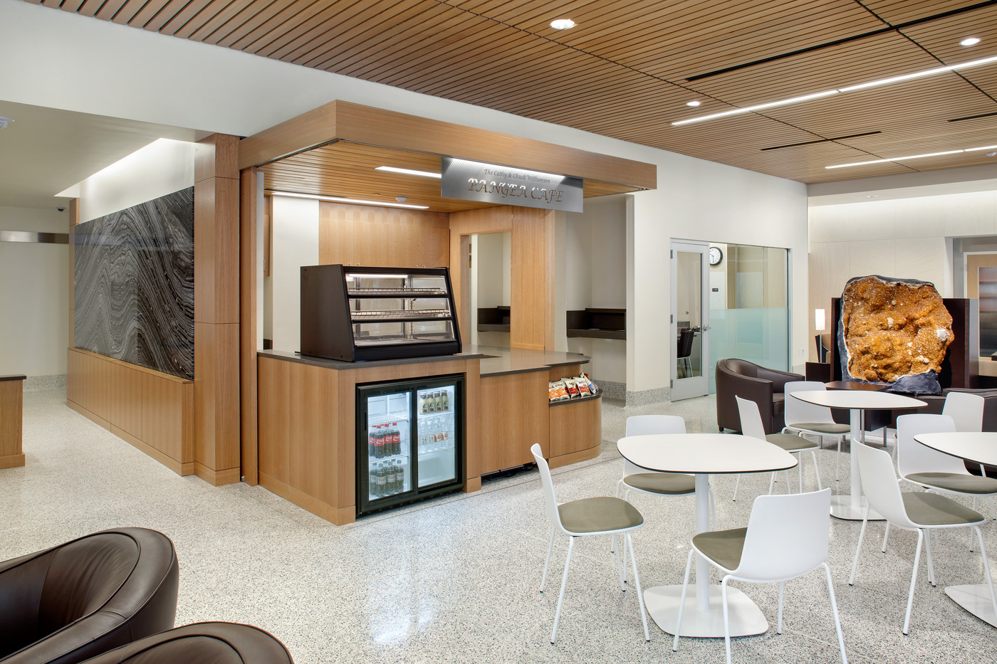 a small indoor cafe in a college lobby space.