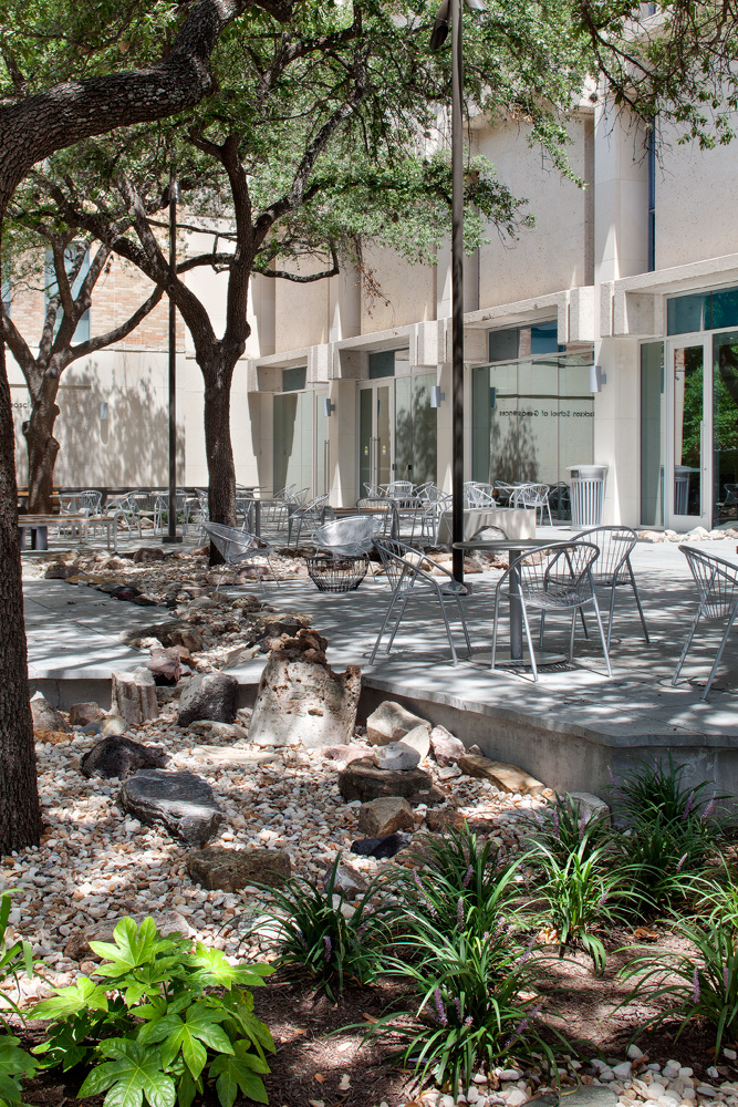 An outdoor patio of a university building shaded by trees.