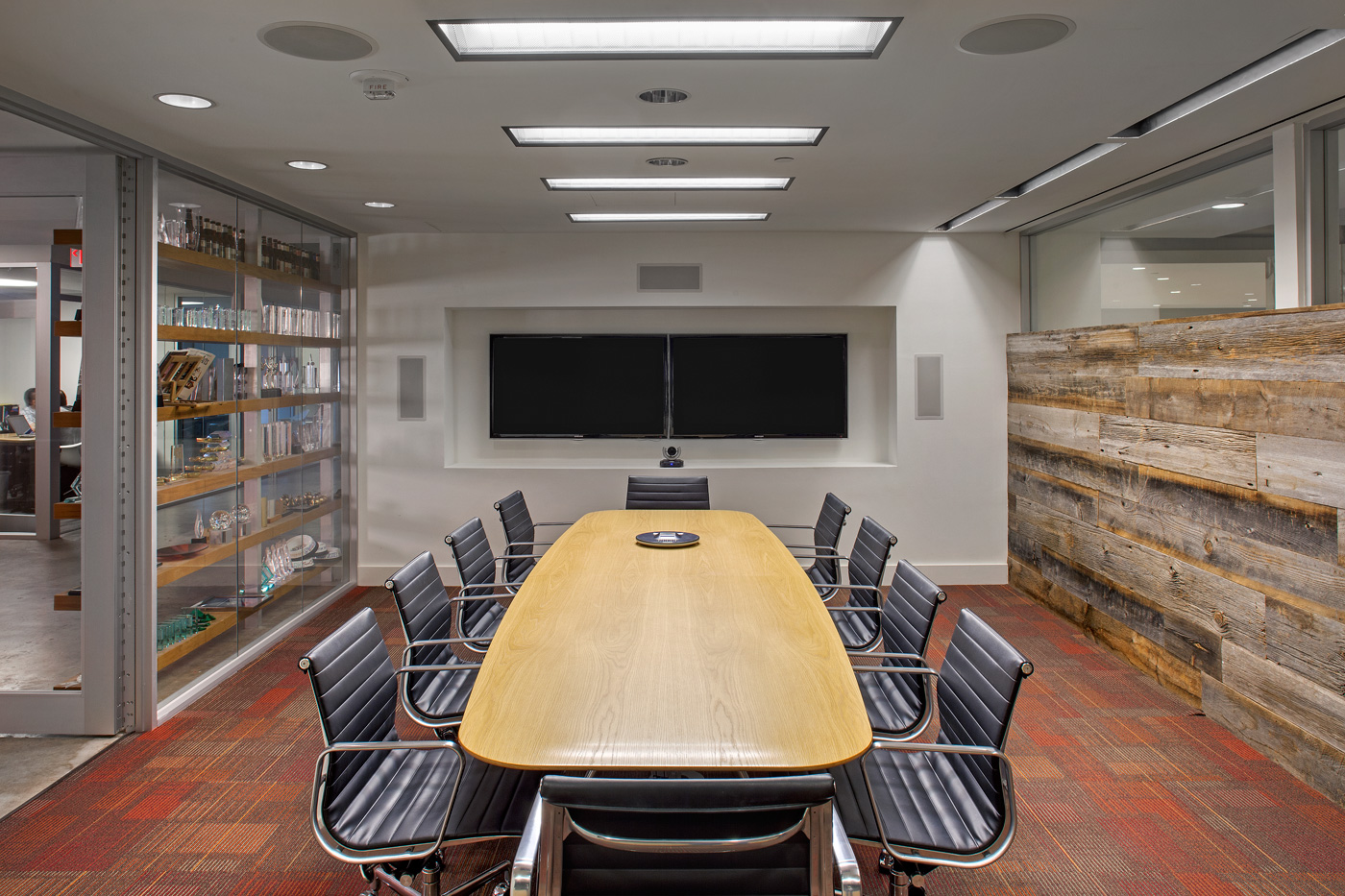 An offices large conference table.