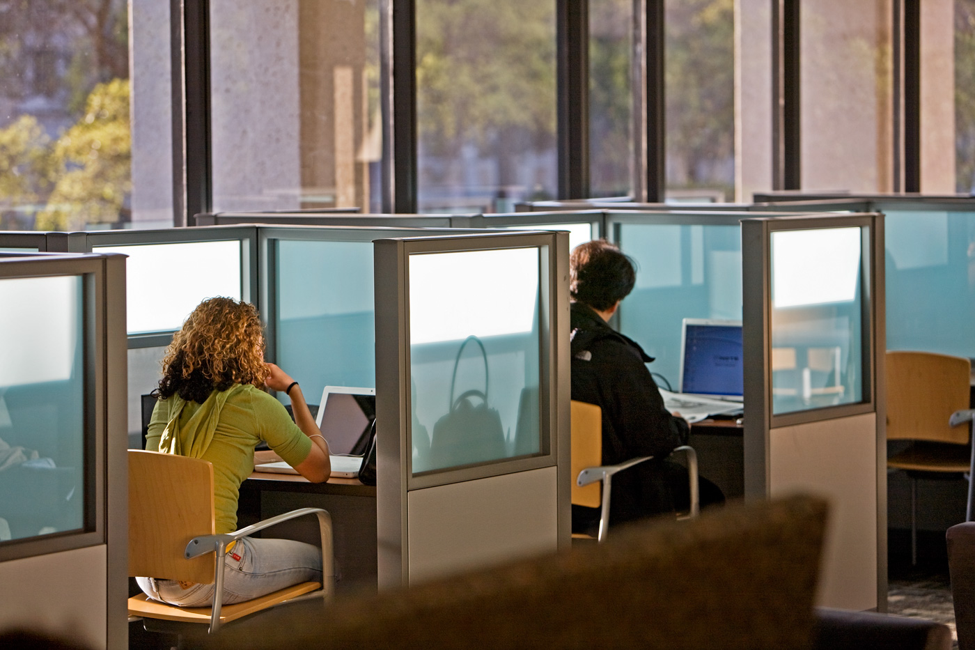 Students working in a small study cubicles.