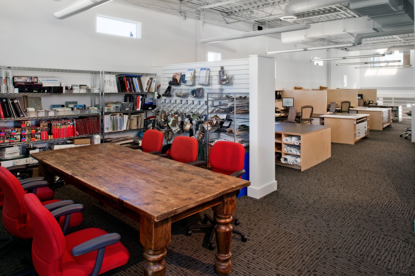 A worktable in an architecture firm's material room.