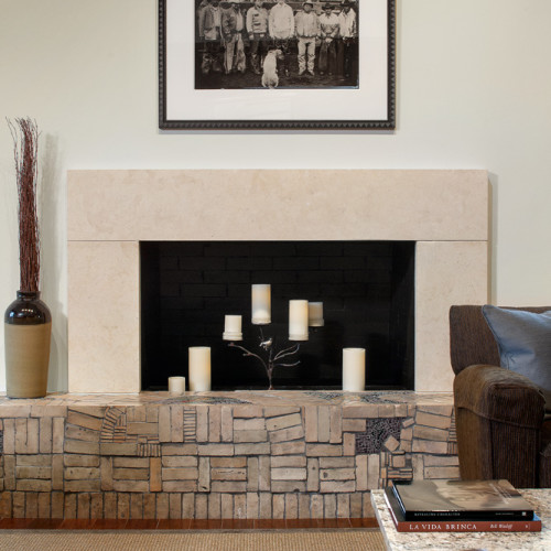 Candles inside a fireplace at a bank lobby.