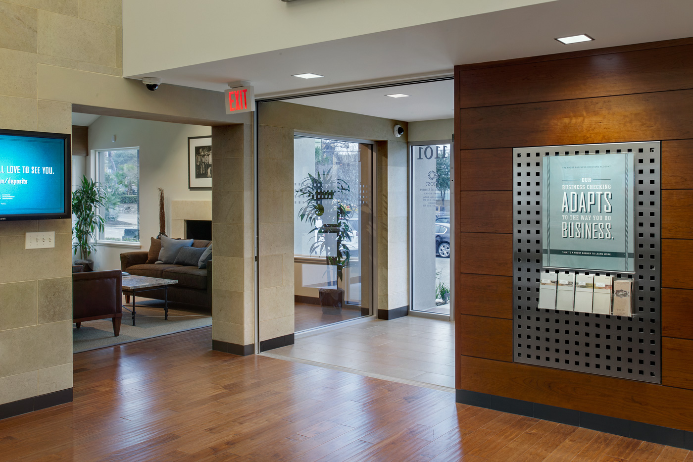 The front entrance and atrium of a frost bank.