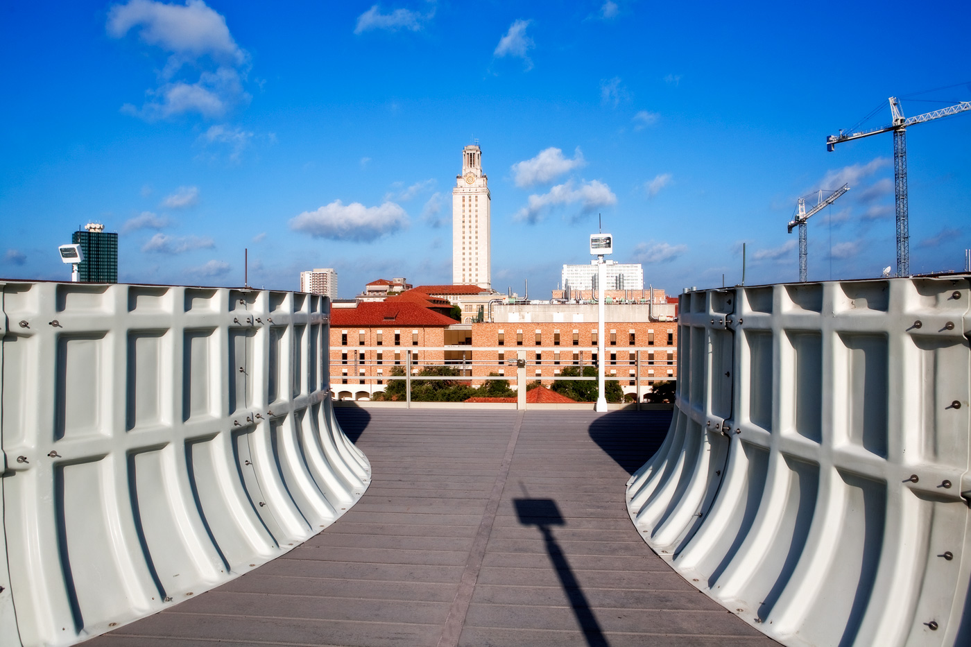 Roof a chilling station with a view to the University of Texas Tower.