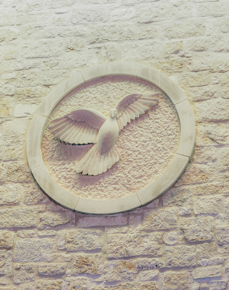 A stone dove framed in a wall.