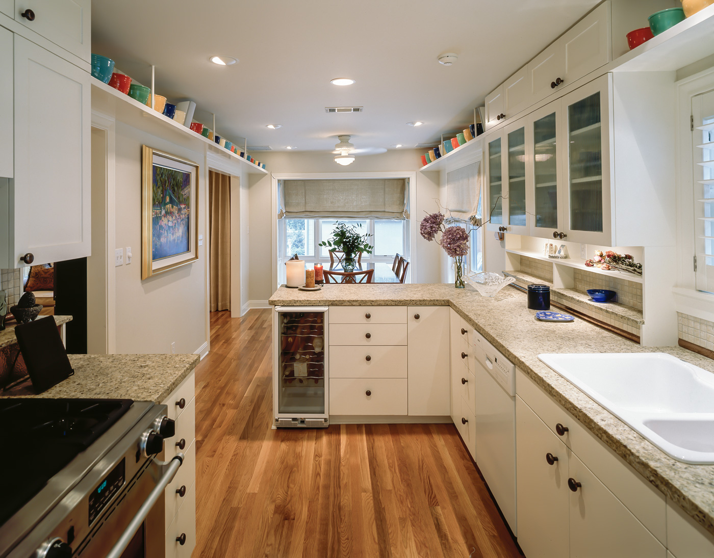 A kitchen with connected dining room.