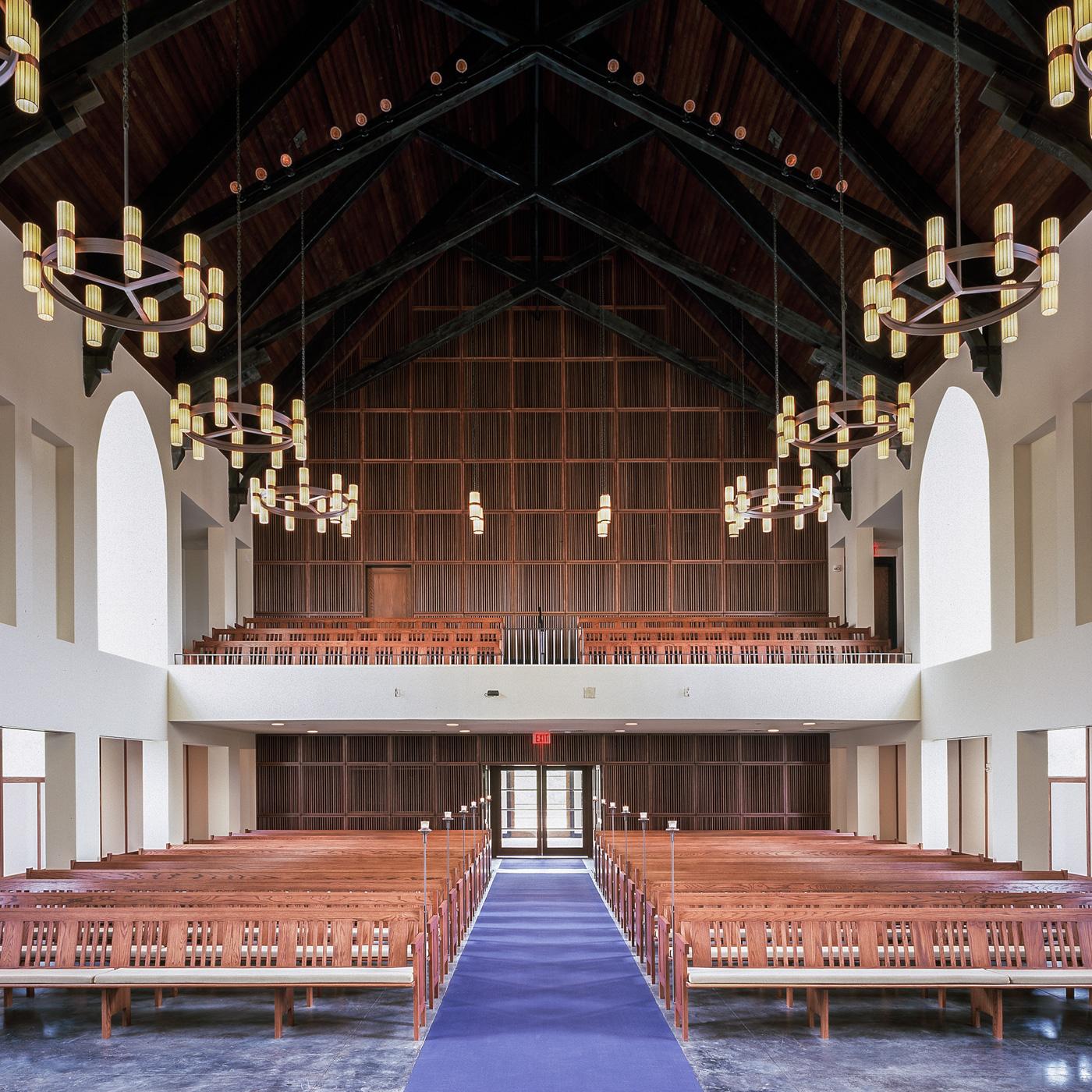 Two floors of church pews.