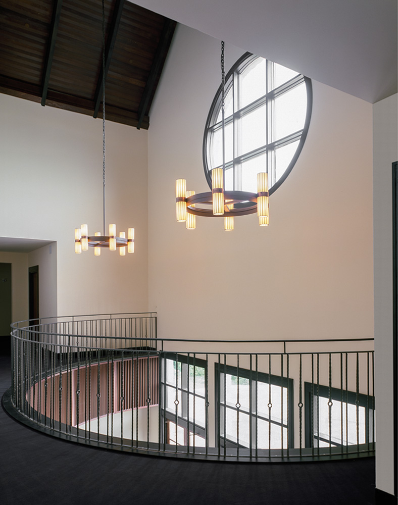 A curved second floor balcony.