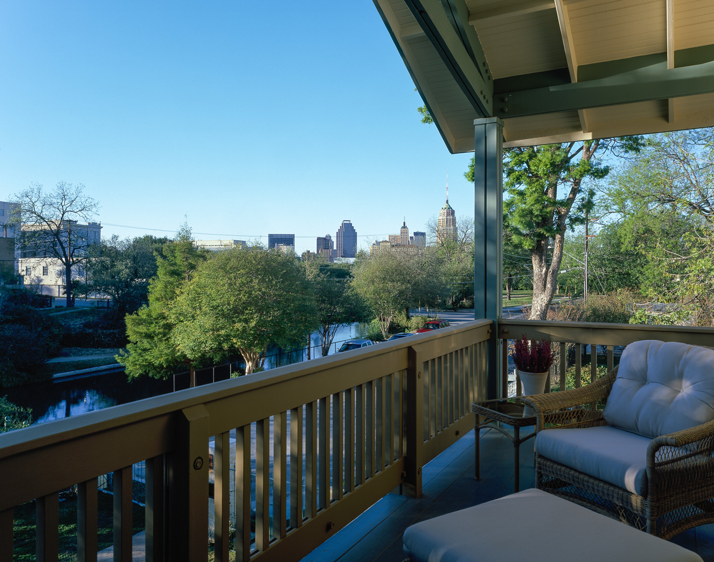 The view from a home's second floor front porch.