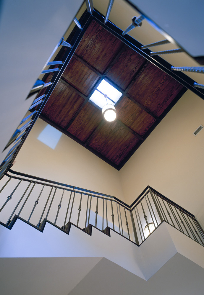 View of a church's turning stairwell from beneath.