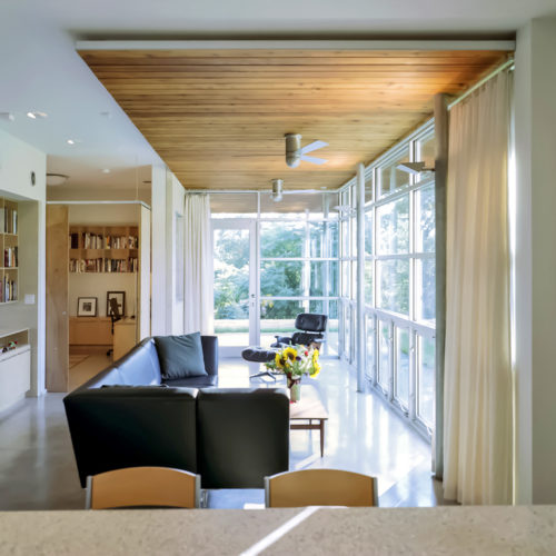 Living room with large window wall.