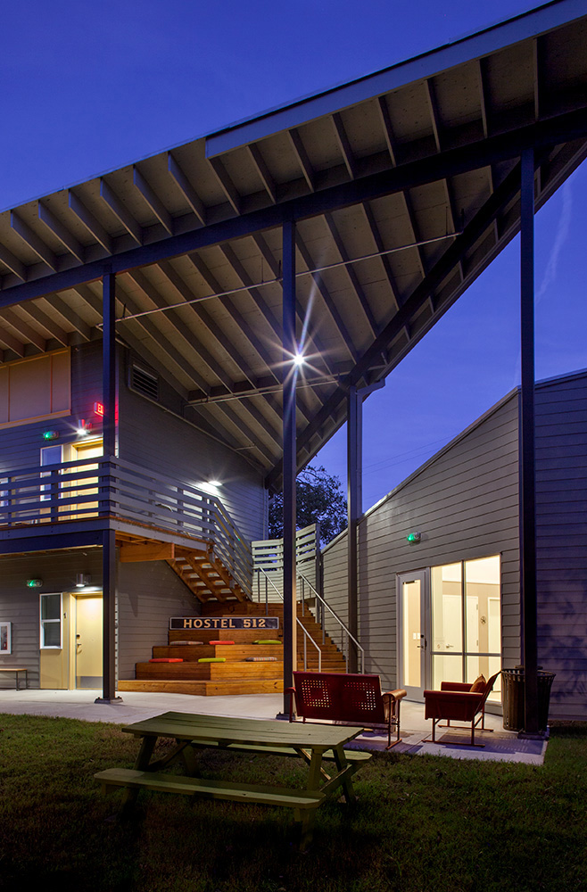 An exterior seating area of a hostel.