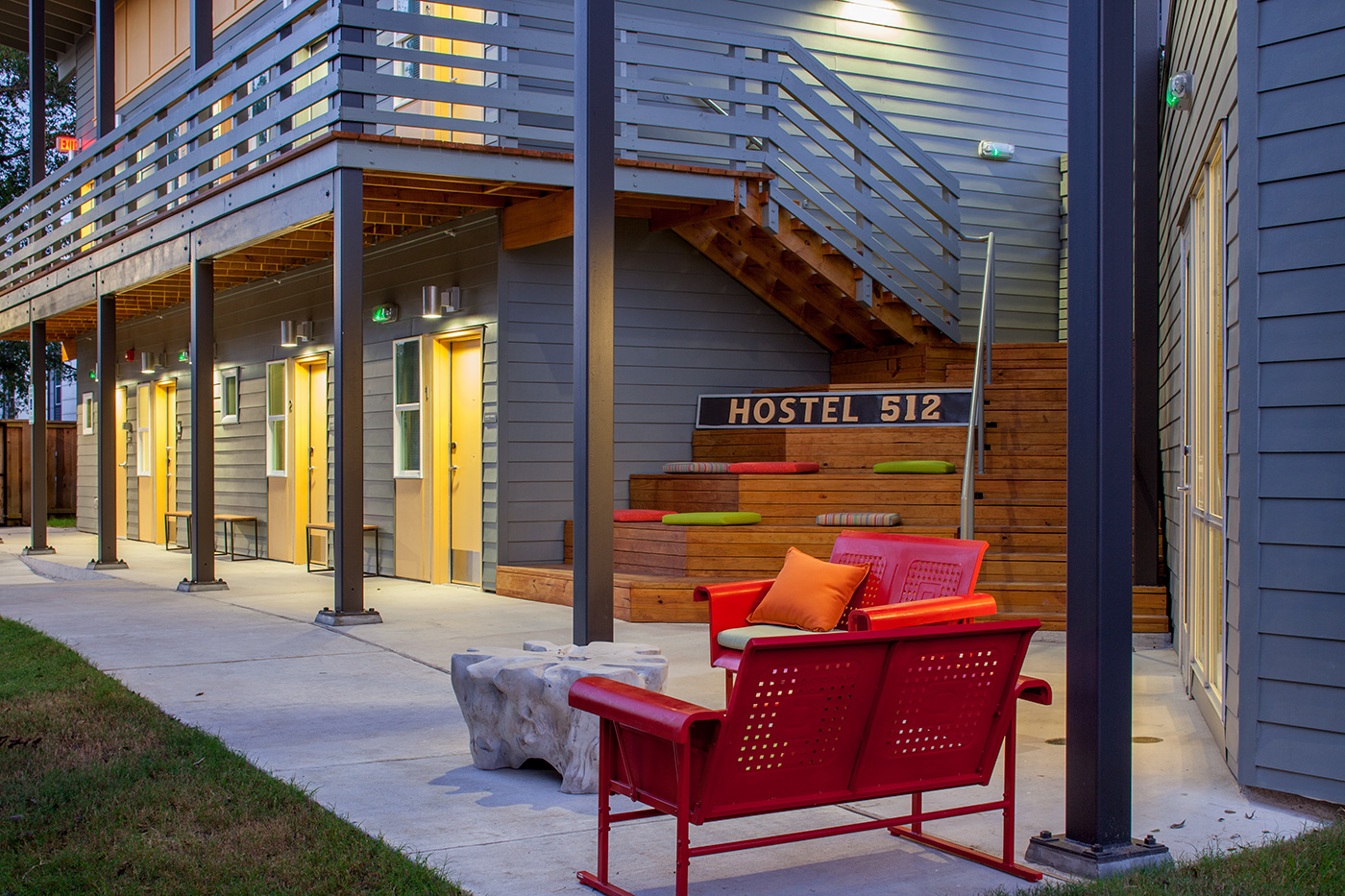 An exterior seating area of a hostel.