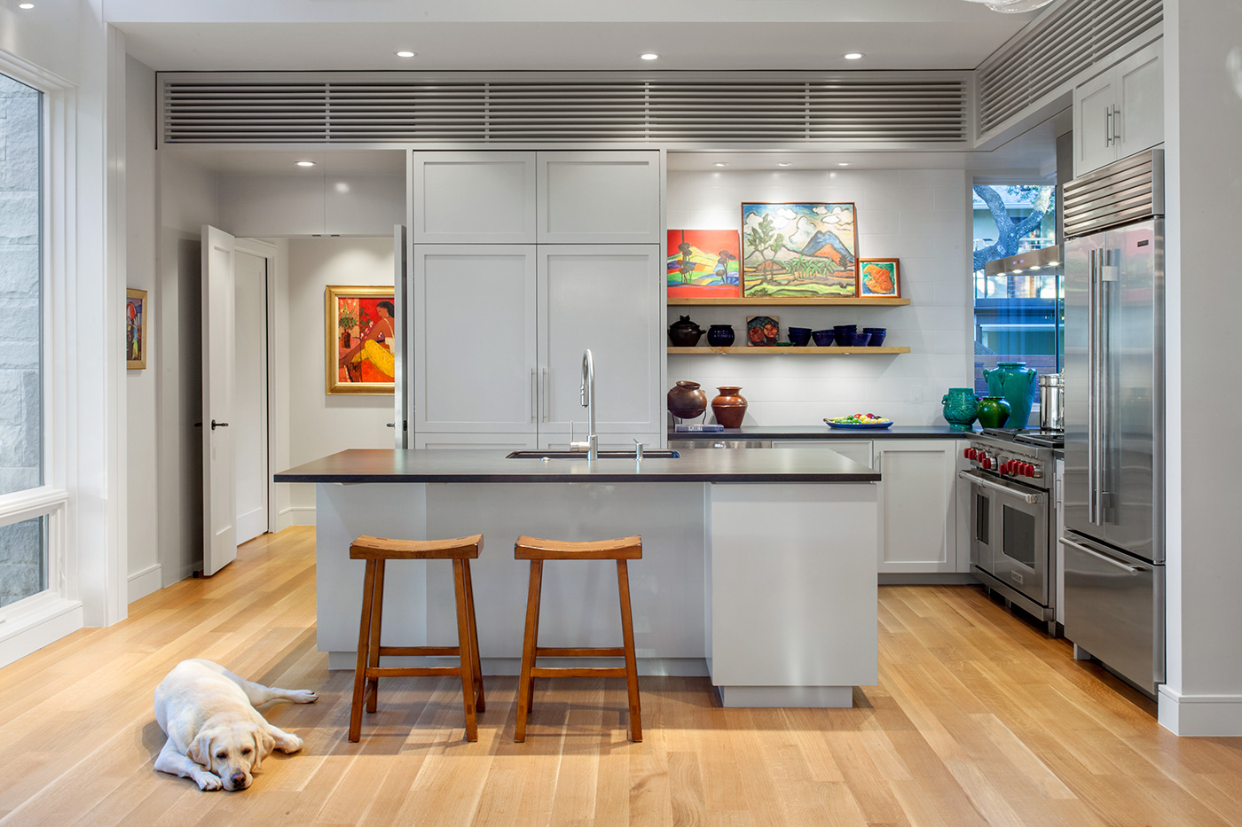 A dog laying on the floor of a bright kitchen.