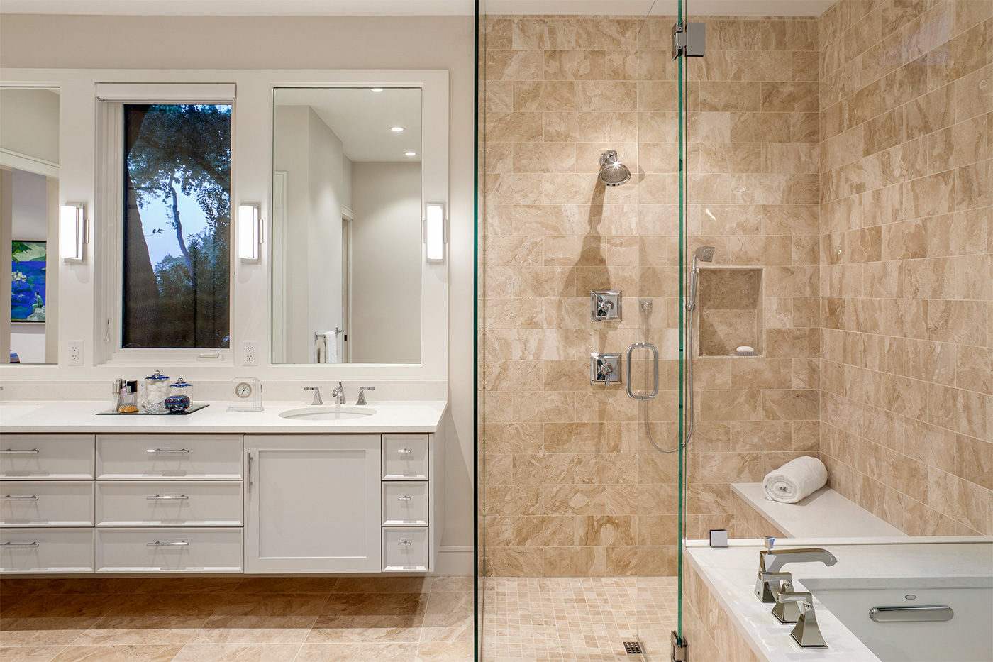 glass and tiled shower.