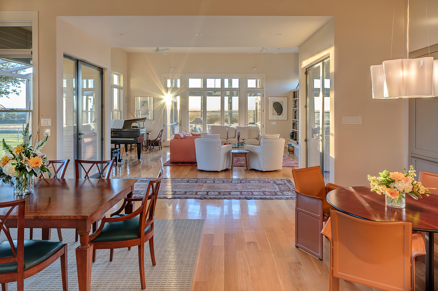 An open living room dining room area.