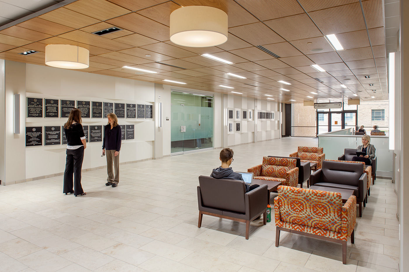 A seating area within a college building.