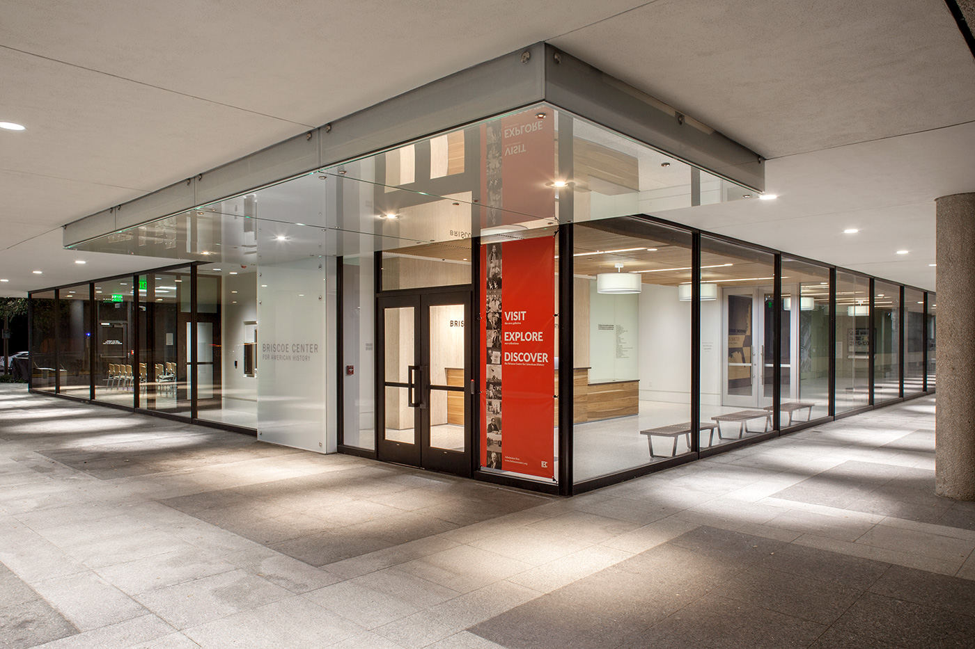 An entrance to a building titled Briscoe center for American history.