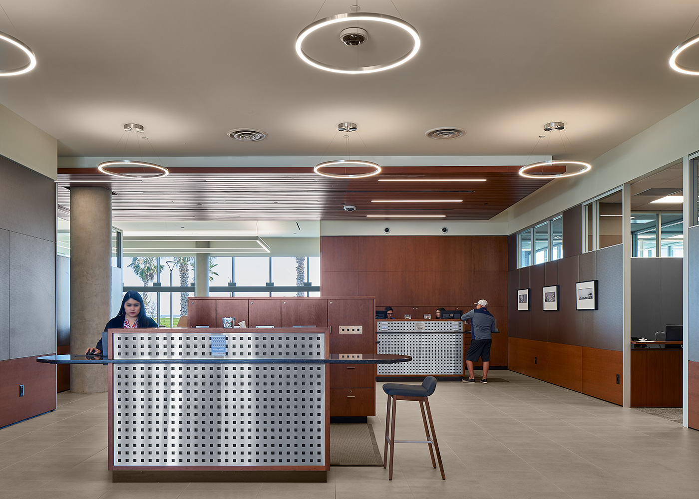 A lobby of a large office building.