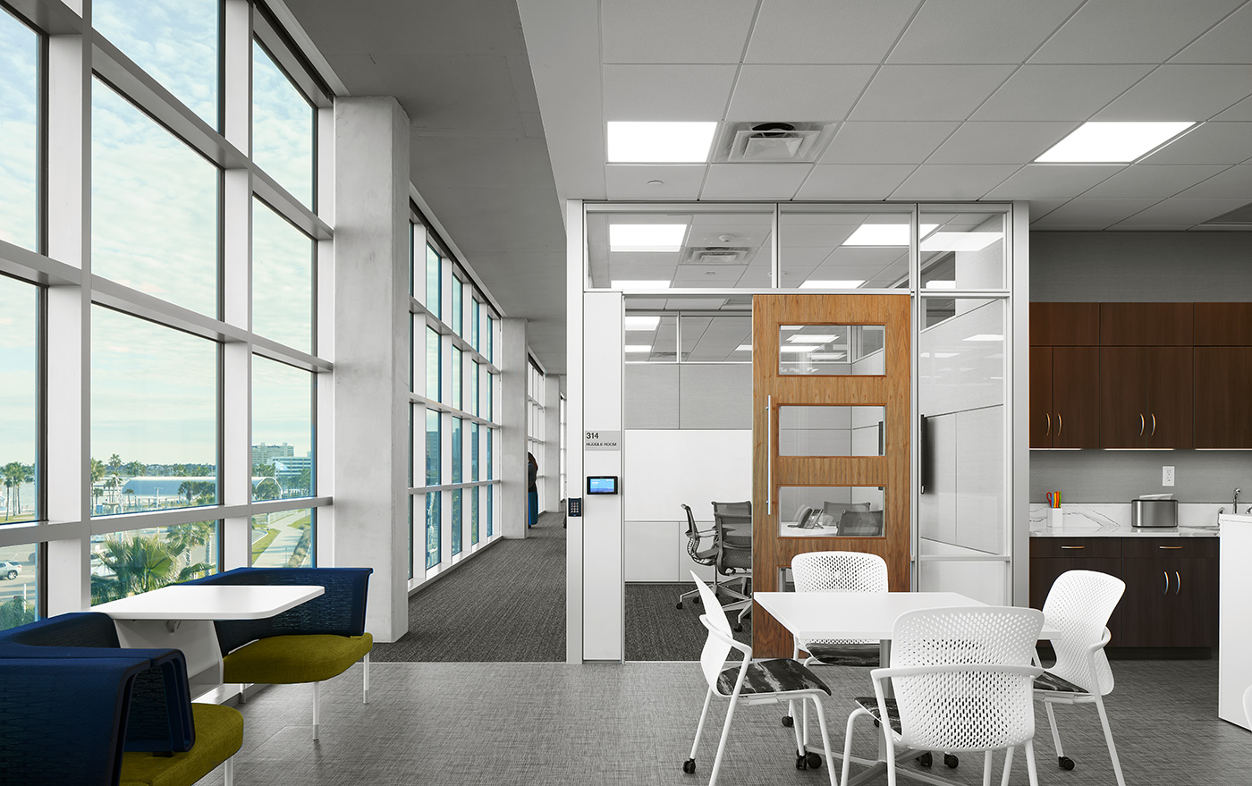 A break room and small conference room of an office building.