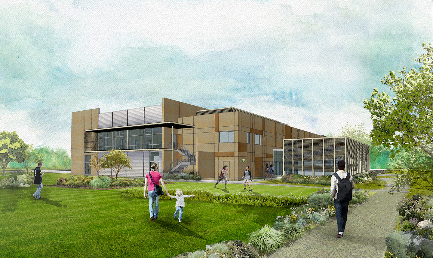 Rendering of exterior lawn of a recreation center.