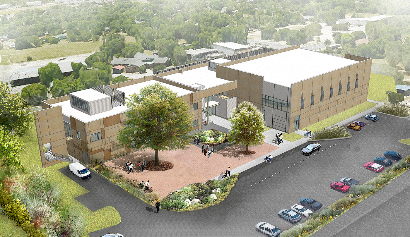 Rendering of entrance and parking lot to a recreation center.