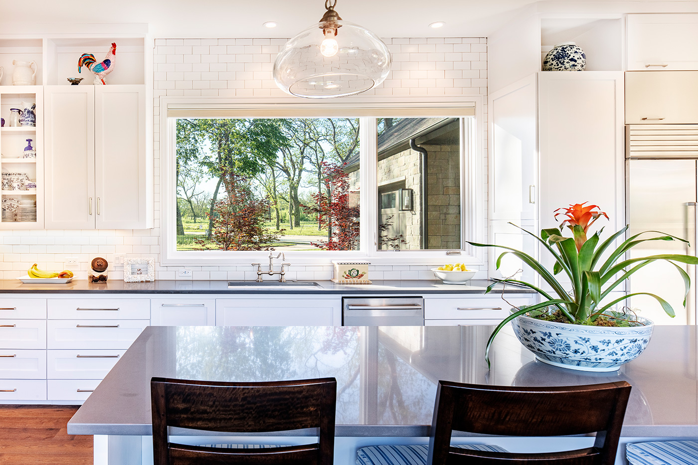 Counter in a bright white kitchen.