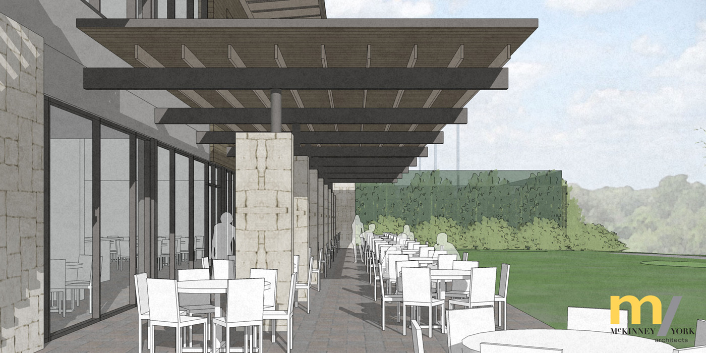 Rendering of large outdoor dining space with rows of tables.