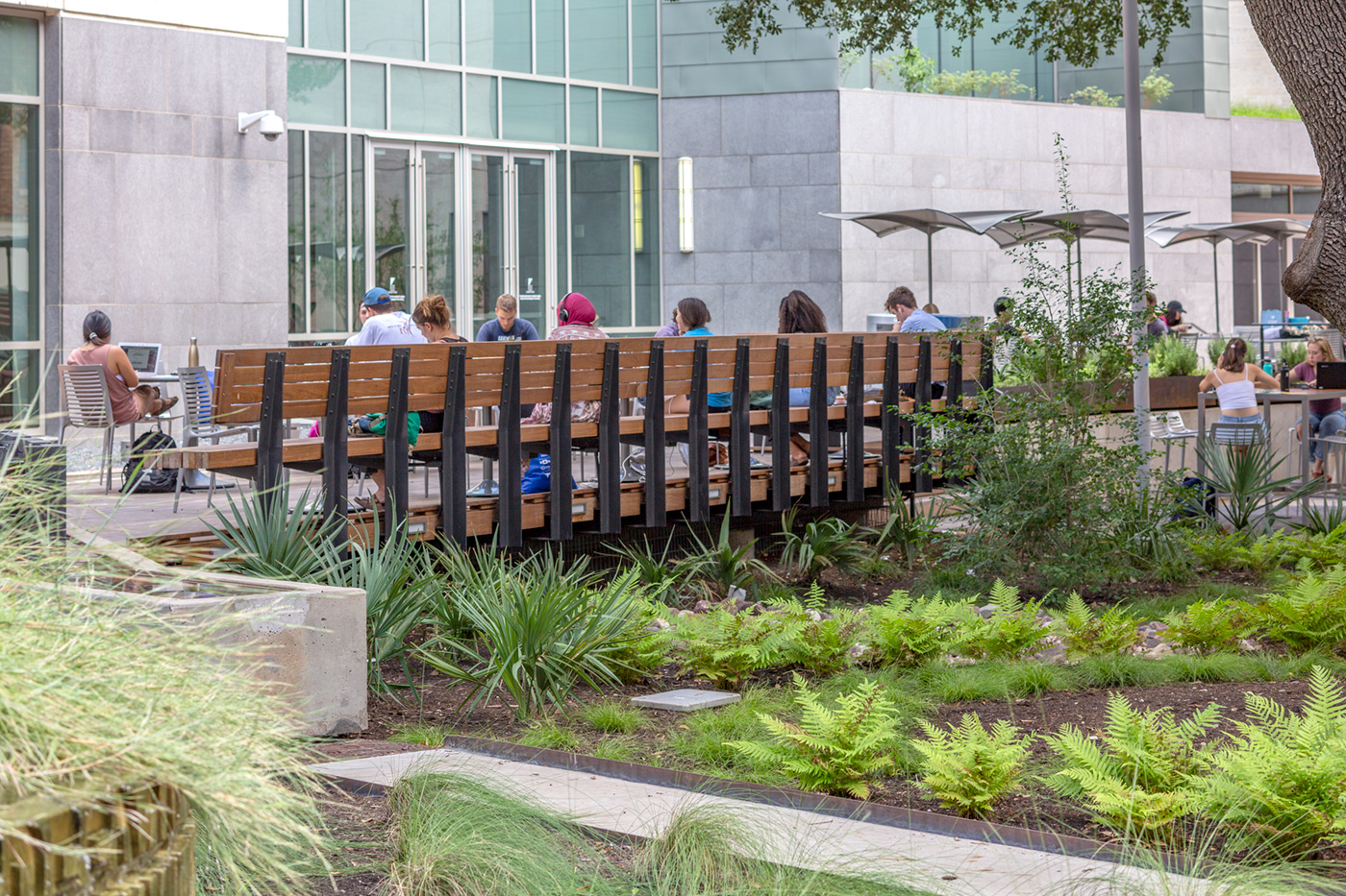 landscaping next to an outdoor deck at a university.