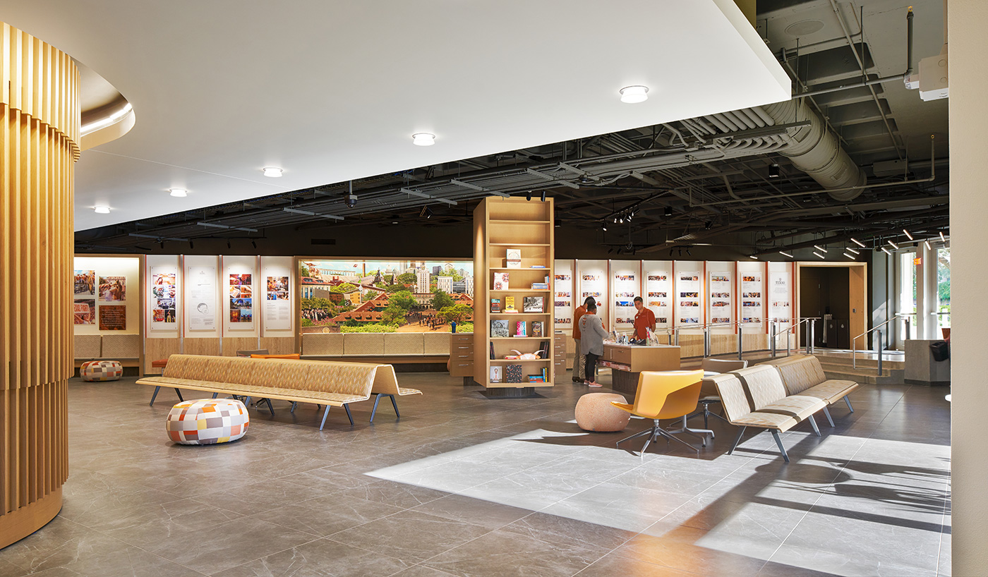 Large seating area in the University of Texas Welcome Center.