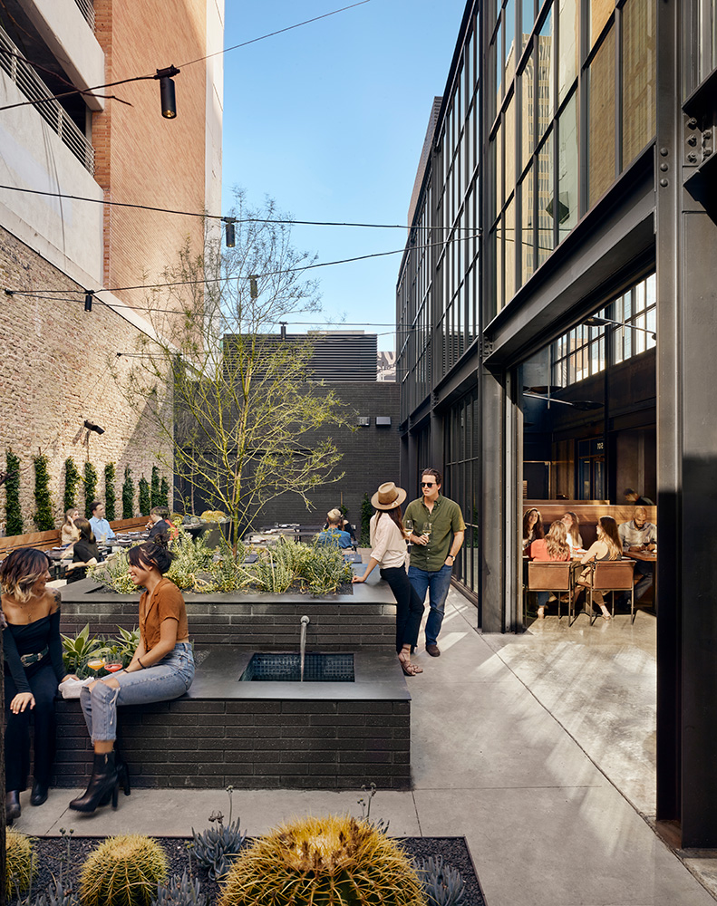 An outdoor patio and dining area of a restaurant.