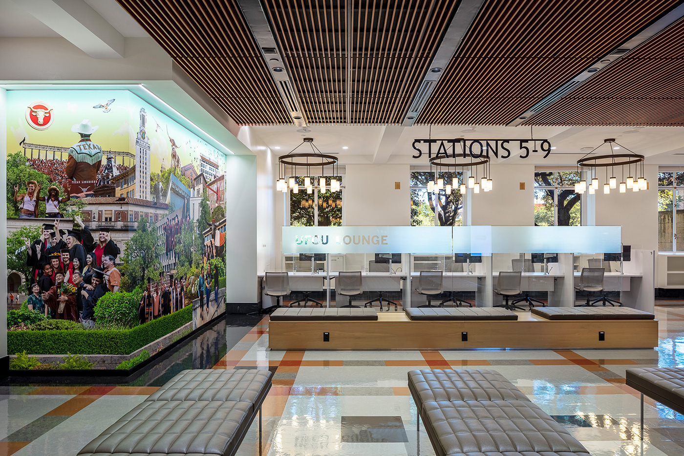 Benches in a waiting lounge.