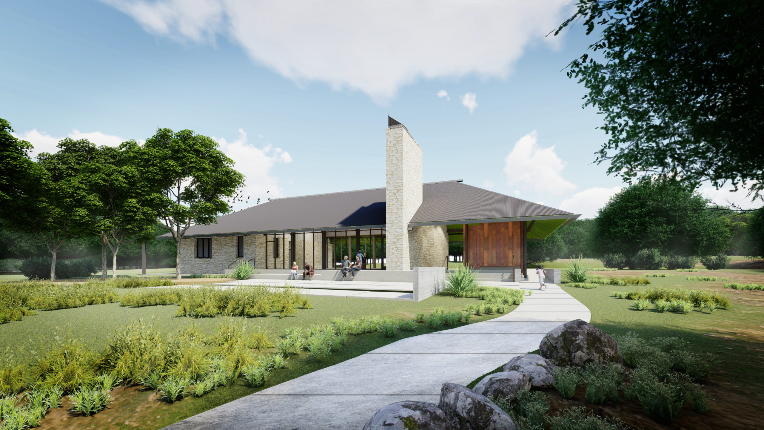 A rendering of a concrete path that leads to a slanted roofed building.