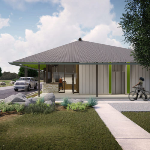 Rendering of a building and its neighboring street.