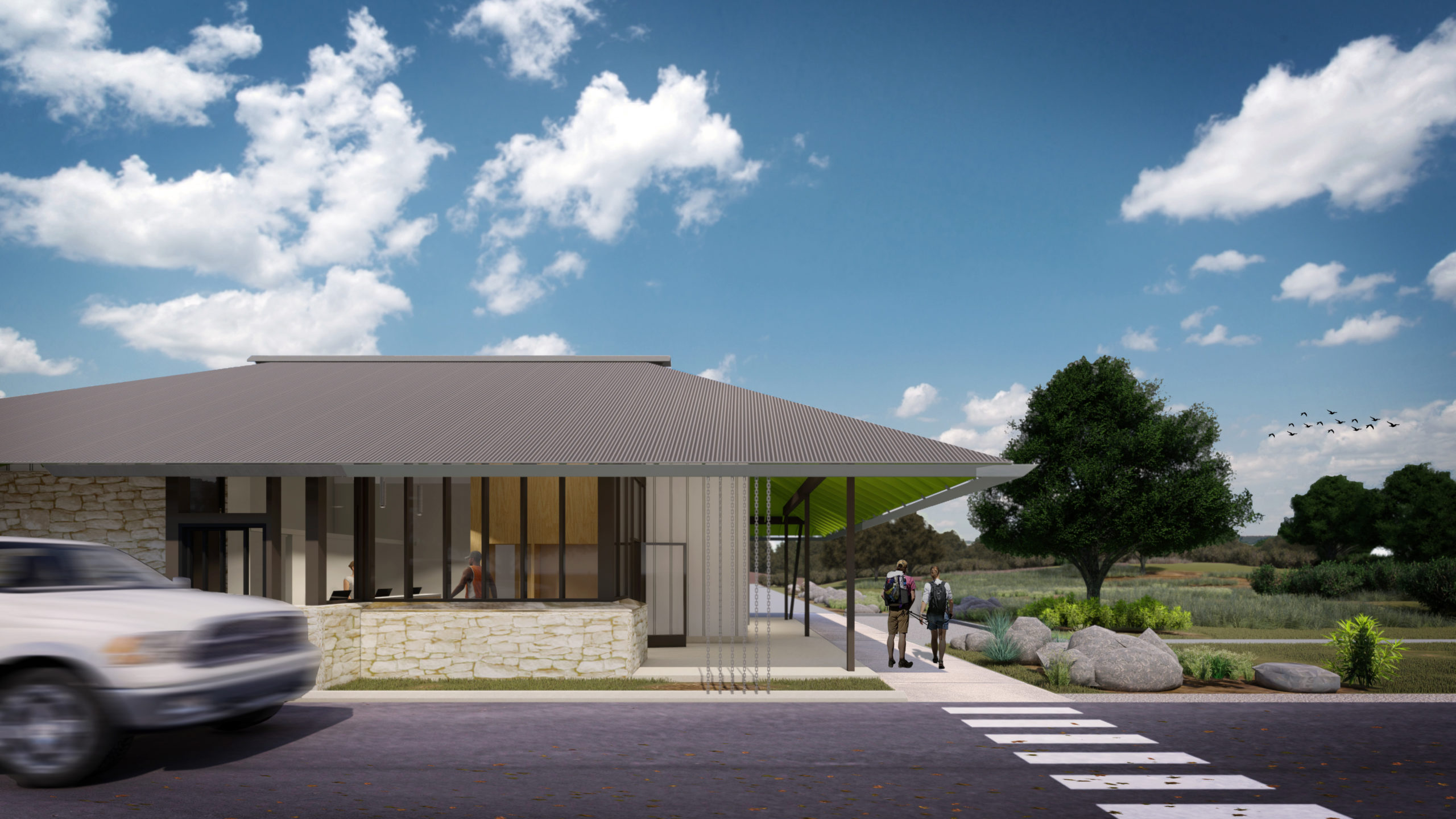 A street view rendering of a building with a car driving past.