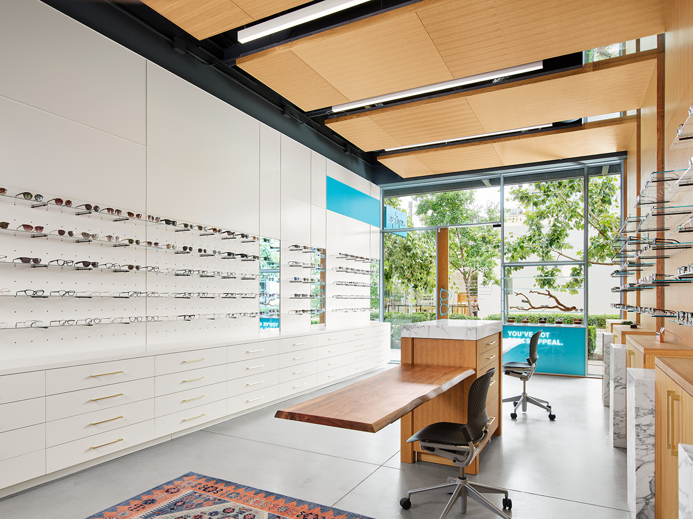 A bright eyewear store with glasses across the two main walls.